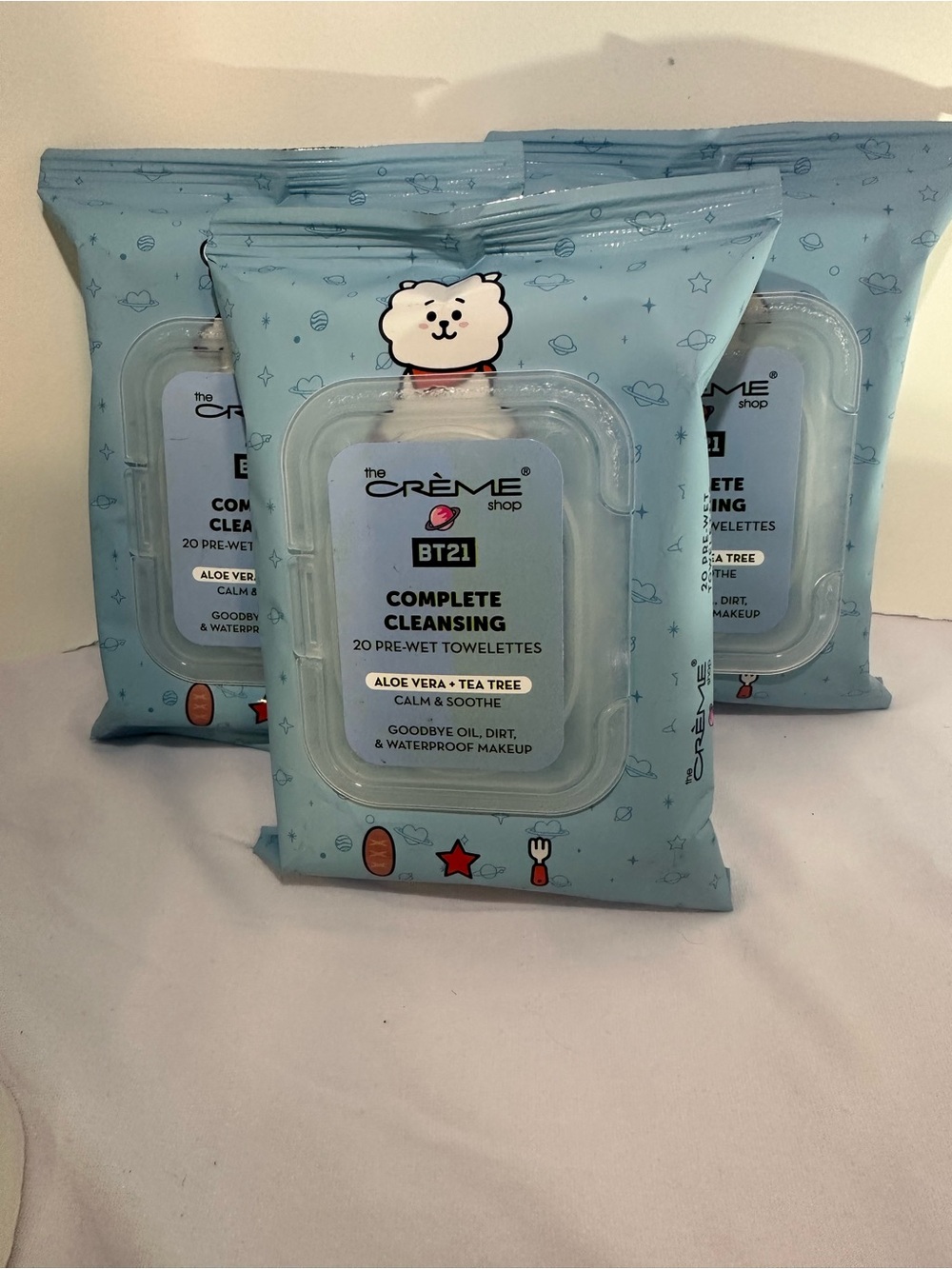 BT21 RJ x The Crème Shop Complete Cleansing Wipes Aloe + Tea Tree 3Pack! BTS
